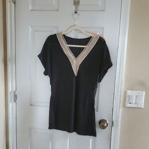 Black V-Neck Tunic Top with Cream Crochet Trim